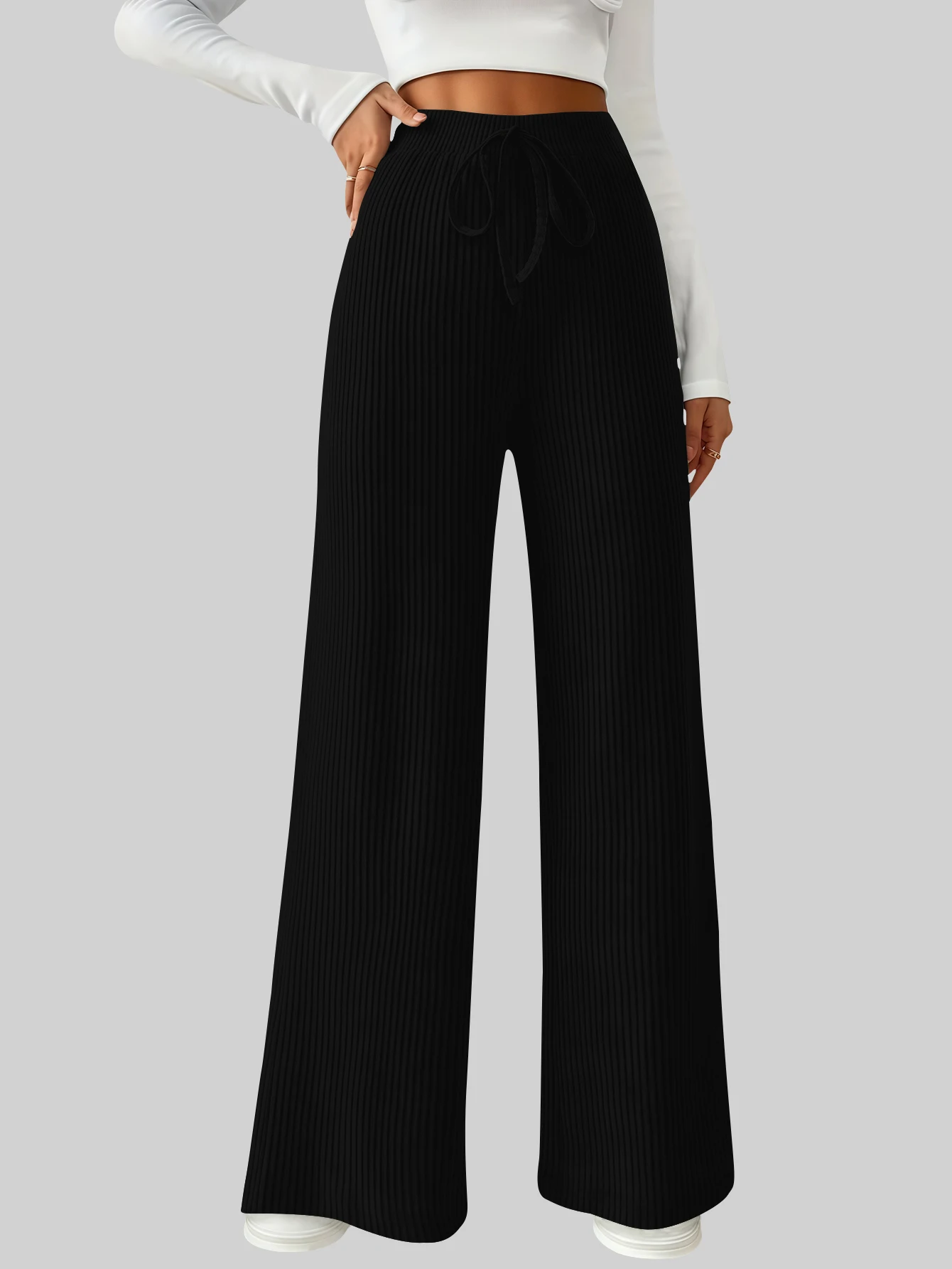 Einzelstück, einfarbig, einfach, vielseitig, lässig, elastische Taille, lange Damenhose, lässig, Basic-Stil, gestrickt, dehnbar, lockere Hose mit weitem Bein, mehrere Farboptionen