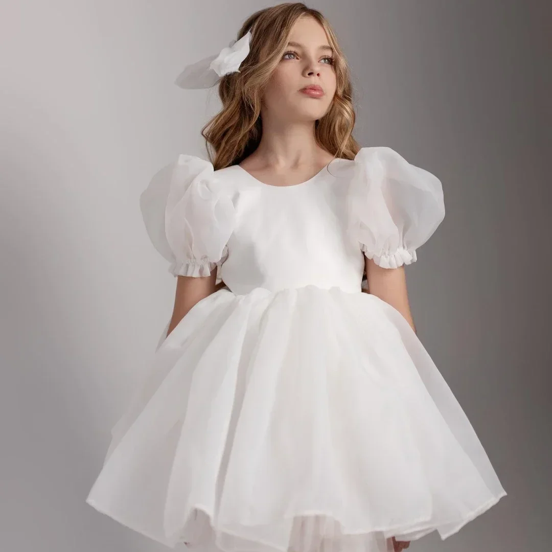 Vestidos de comunión Vestidos de niña de flores personalizados Tul de organza blanco con lazo Manga corta para boda Cumpleaños Baile de graduación Banquete Santo