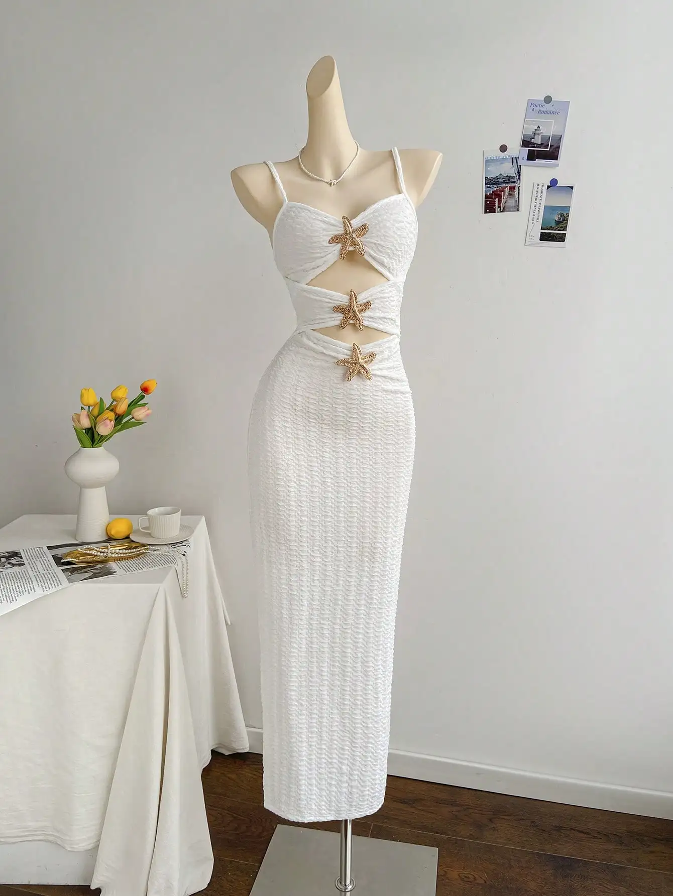 

White Knitted Cut-Out Dress with Starfish Embellishments for Summer Evening Wear