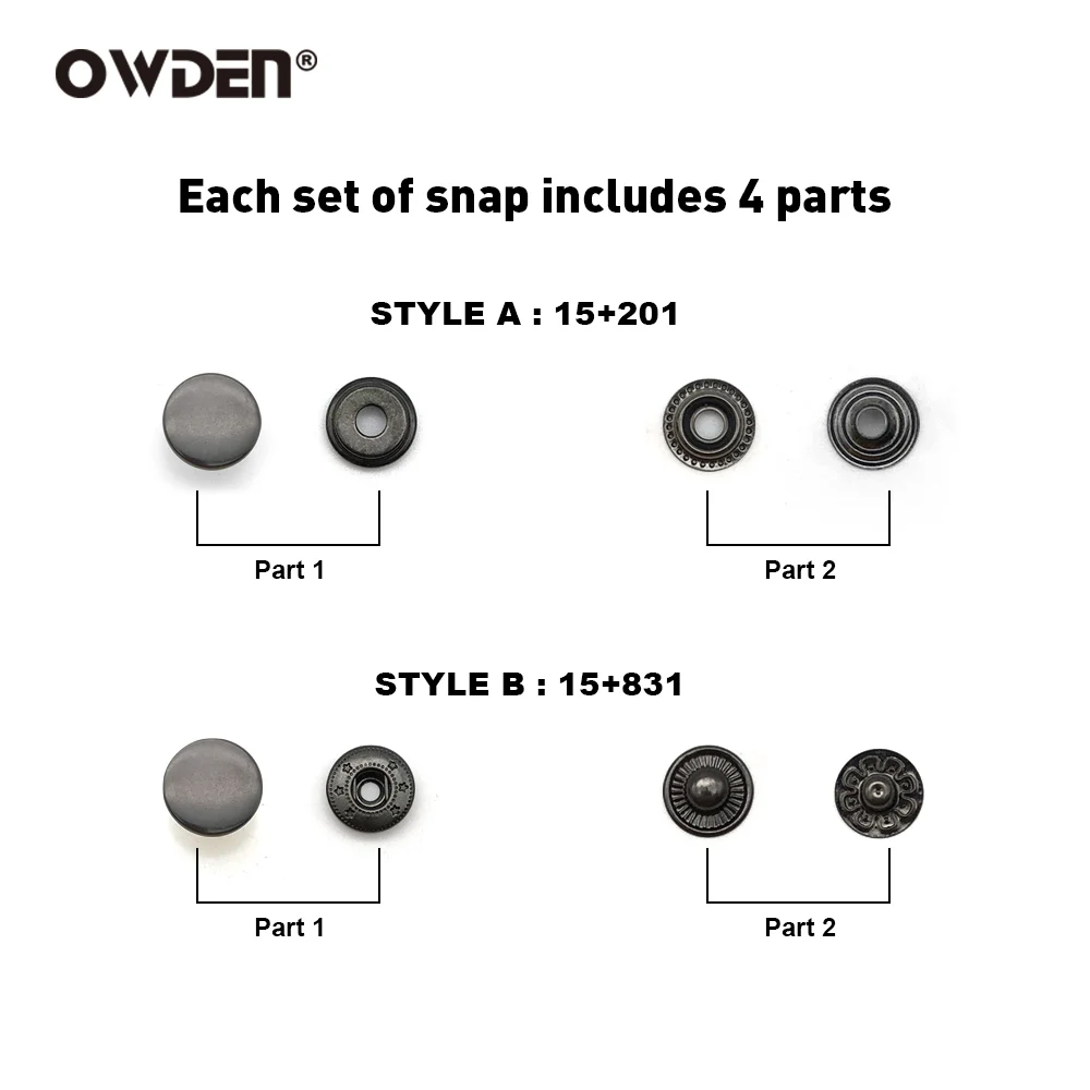 OWDEN 100set 15mm Solid Brass Snap Fasteners Metal Snaps Button Press Studs DIY Leather Craft Tools Sewing Accessories