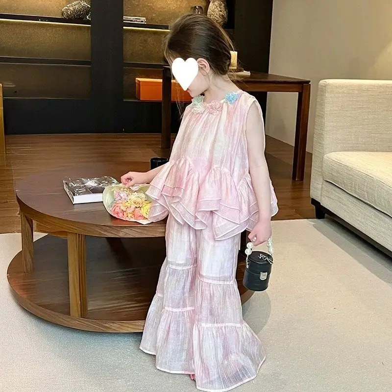 Flower Top Flared Pants Set Summer New Thin Fashionable Casual Loose Sweet Temperament Flower Vest Bell Bottom Pants 2 Piece Set