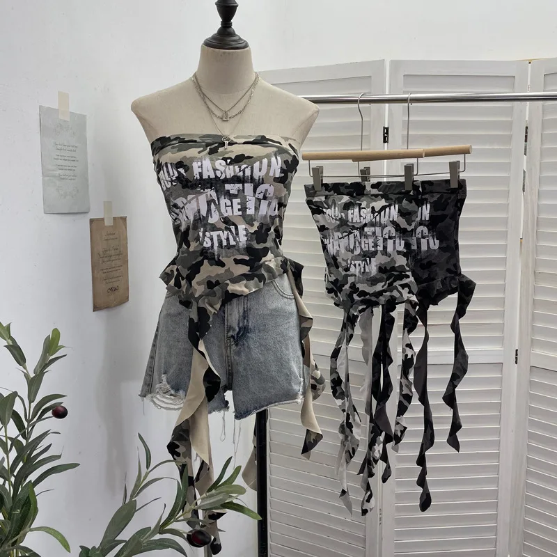 Women Retro Camouflage Printed Letter Strapless Tube Top with Chest Pad Irregular Ribbon Short Top Sexy Backless Party Vest 8088