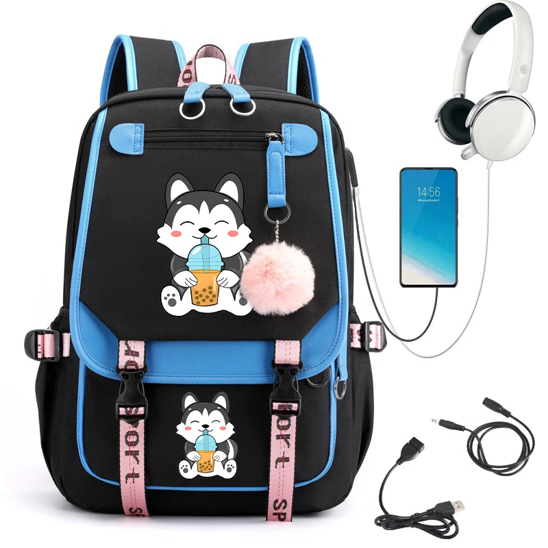 Zaino da scuola per adolescenti di tendenza Chibi Kawaii Husky School Student Schoolbag Kids Anime Cartoon Bagpack ricarica Usb Bookbag per adolescenti