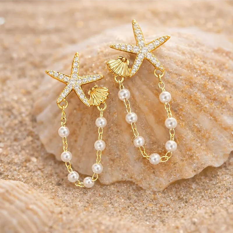 BOHO Ocean Beachy Summer Pearl Starfish Drop Dangle Earrings Beach Jewelry for Women Girls