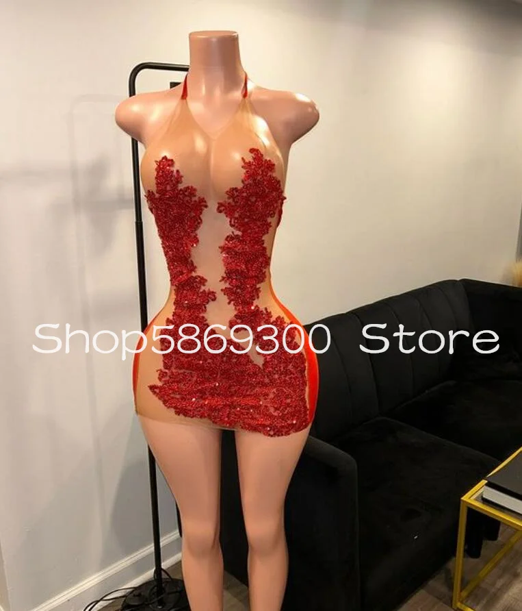 Red Sparkly Mini Evening Cocktail Dresses for Black Girl 2025 Sheer Mesh Luxury Crystal Backless Birhtday Gala Gown Customsized