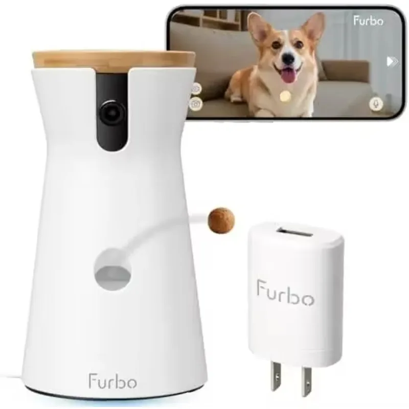 360° Dog Camera + Power Adapter: Pet Cam w/Barking Alerts, Rotating View, Treat Toss w/Phone App, Puppy Monitoring, 2-Way