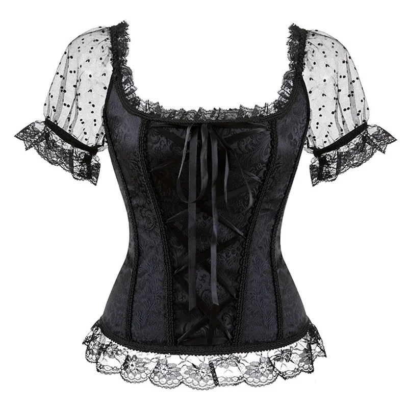 

Sexy Gothic Short Sleeves Lace Up Corset Bustier Top Overbust Corsets Body Shaper Women Short Sleeve Corset Tops Cropped