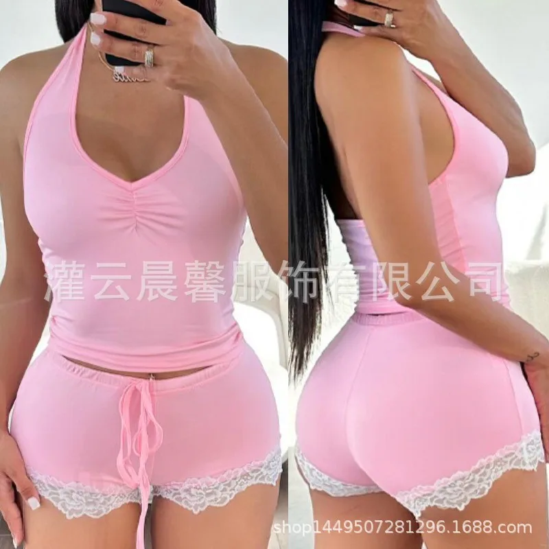 

2025 Four Seasons Women's Clothing New Neck Halter Slim Modal Low Waist Lace Shorts Set cw77961