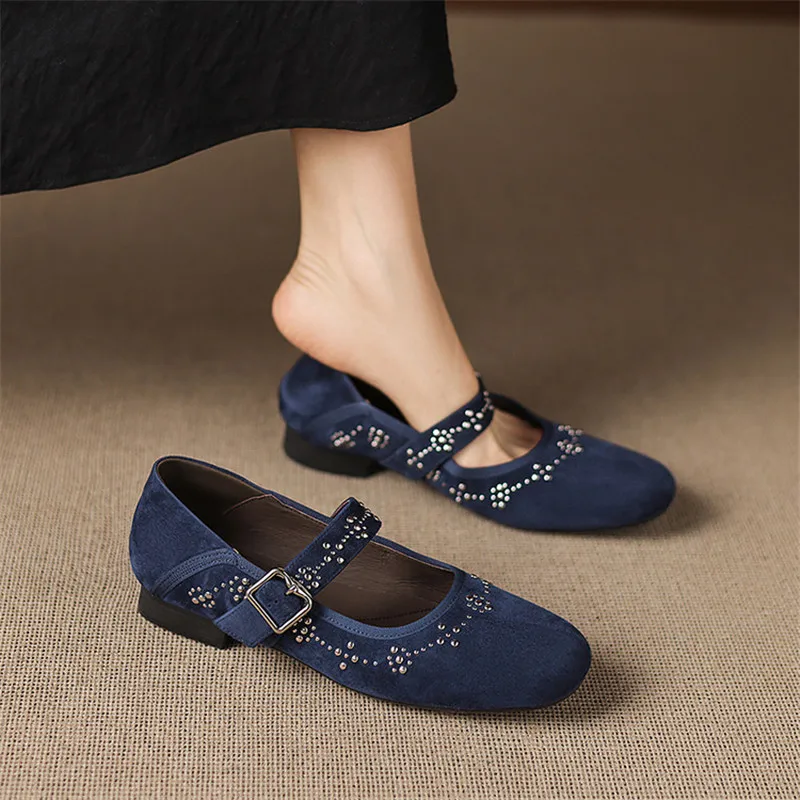 New Summer Sheep Suede Women Shoes Fashion Round Toe Low Heels Shoes for Woman Handmade Women Mary Jane Shoes Zapatos De Mujer
