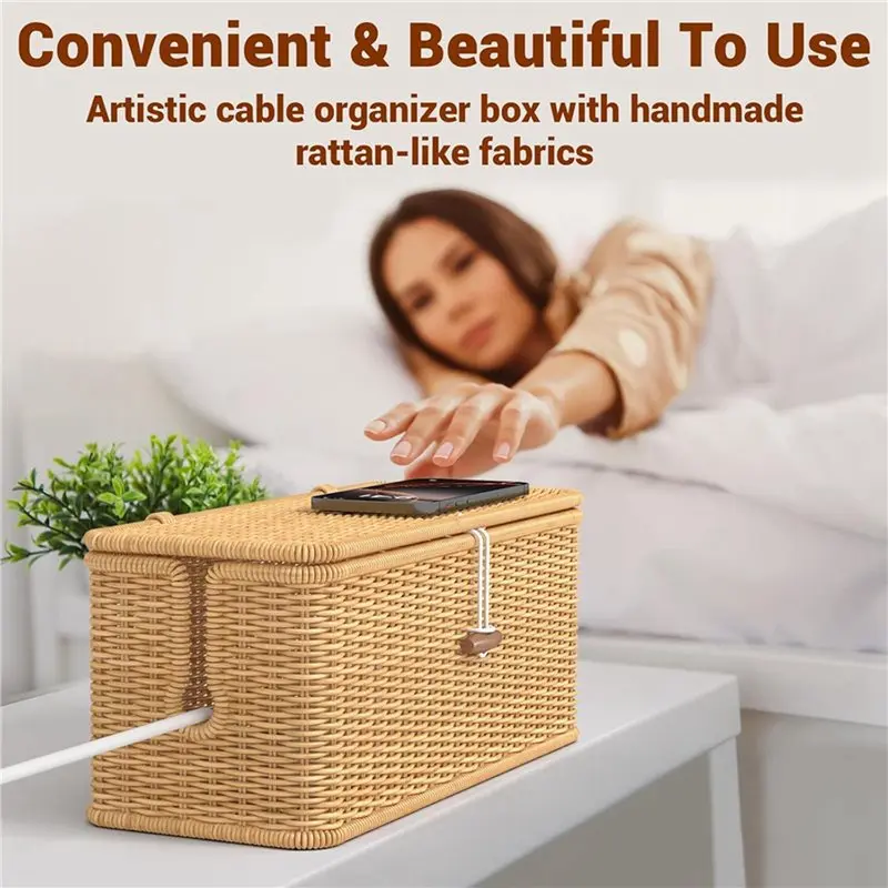 B84B Cable Management Box, 2-Pack Power Strip Organizer with Locked Cover, Handmade Rattan Cord Hider for Desk, Khaki