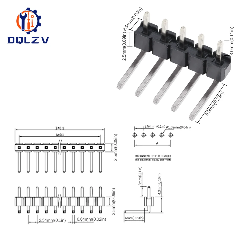 Connector Socket 2.54mm Pitch Strip 1X/2/3/4/5/6/8/10/40 Pin Single Row Right Angle Male Pin Header 3P/4P/6P/8P/20P/40Pin