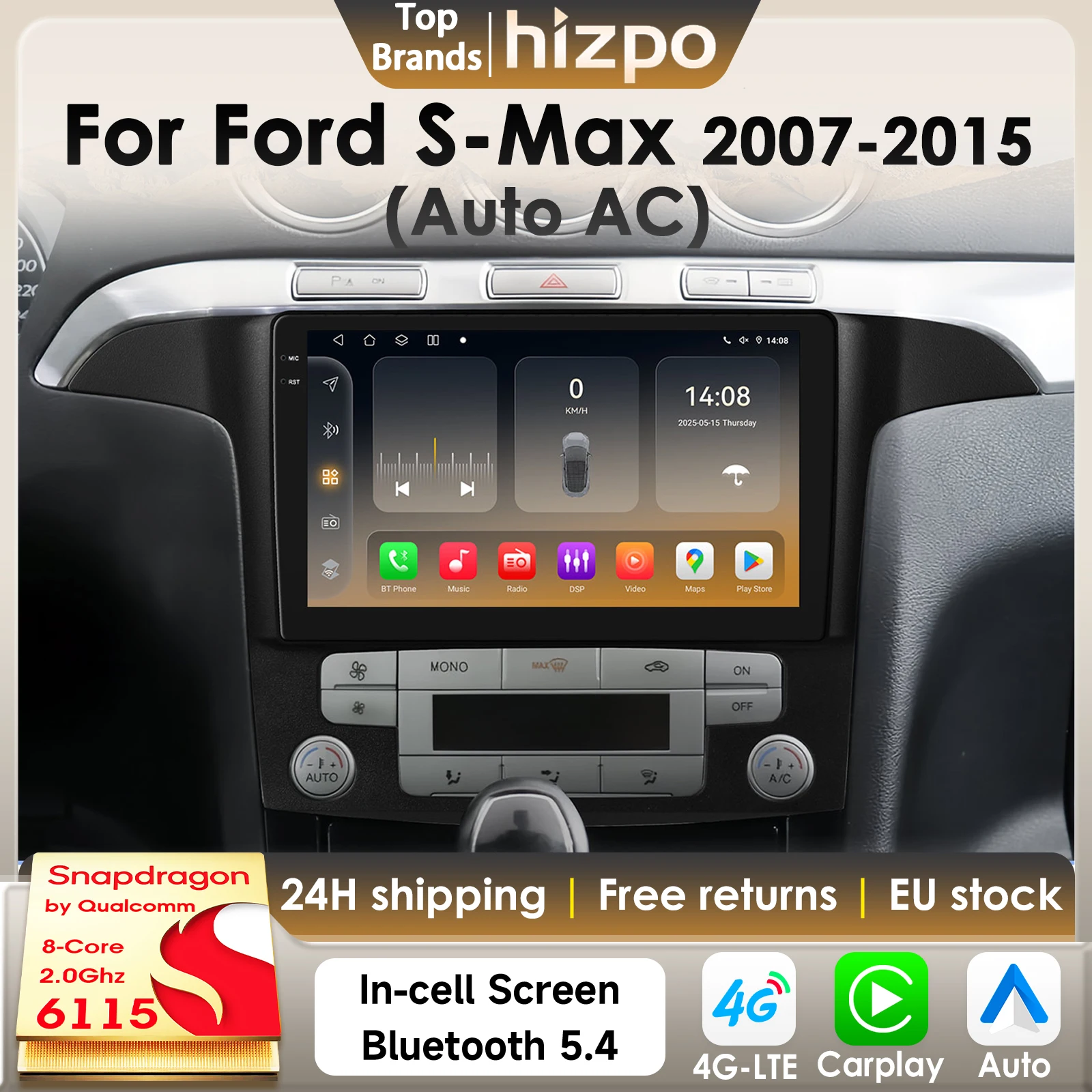 Hizpo Carplay Android Auto Autoradio Per Ford S-Max S Max 2007 - 2015 Auto Multimedia GPS 4G 360Camera di Qualcomm Snapdragon6115