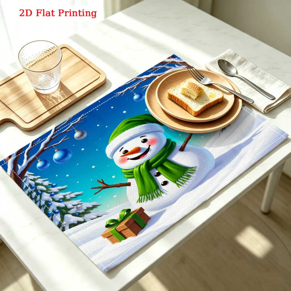 Snowman With Gift Box Kitchen Placemat Coaster Linen Pad Dish Coffee Cup Table Mat 30x40cm Home Decor