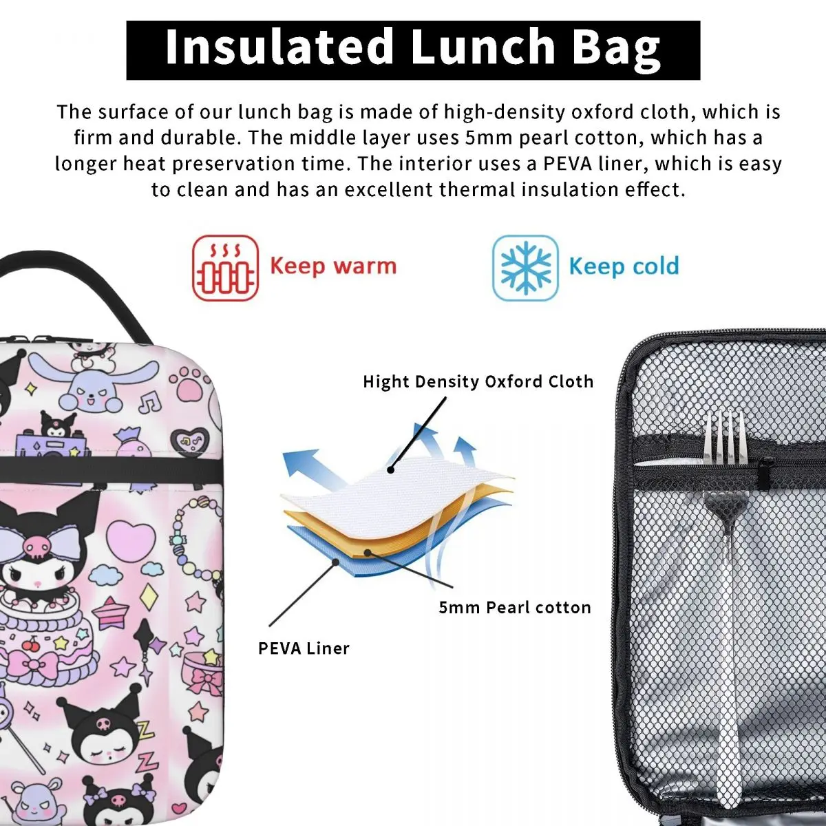 Kuromi Thermal Insulated Lunch Bag for Picnic Portable Food Bag Container Cooler Thermal Lunch Box