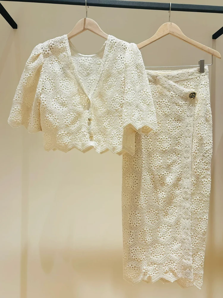 

High Waist Hollow out Short Sleeve Hook Flower Soft Apricot Spring Summer Fashion Set Women's Long Pants V Neck Button Cotton...