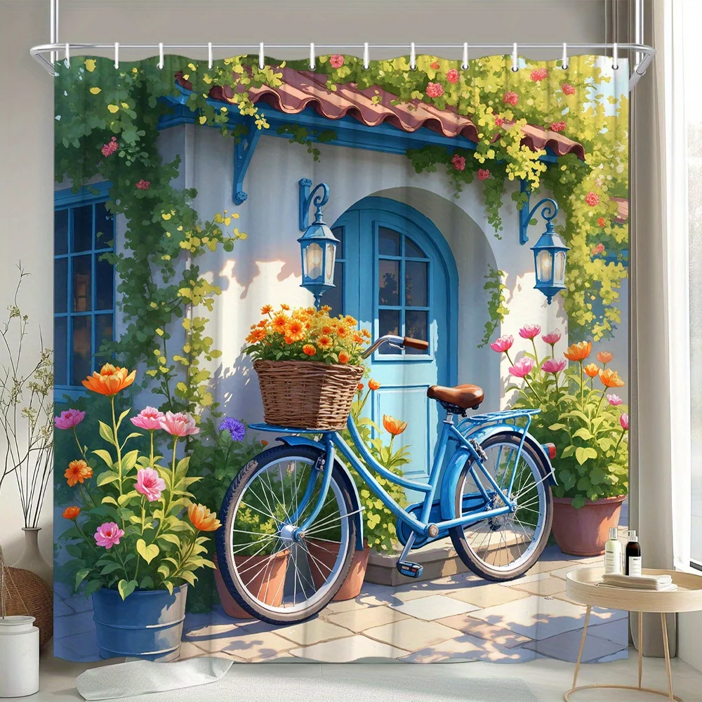 1pc Courtyard Bicycle Shower Curtain - Blue Bike with Tulip Basket, Mediterranean Architecture & Flower Pots Design, Polyester F