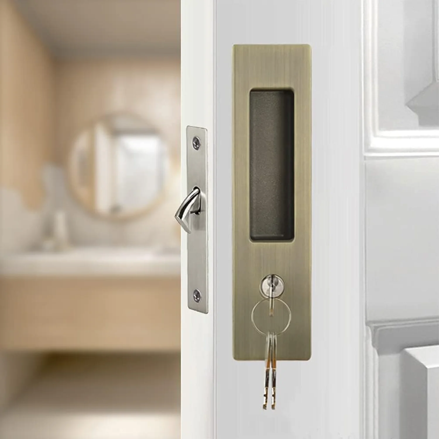 6.\u201D Privacy Pocket Door Lock Hardware with Key, Recessed Sliding Door Mortise Lock, Double Barn Door Lock,   Hardware for 1