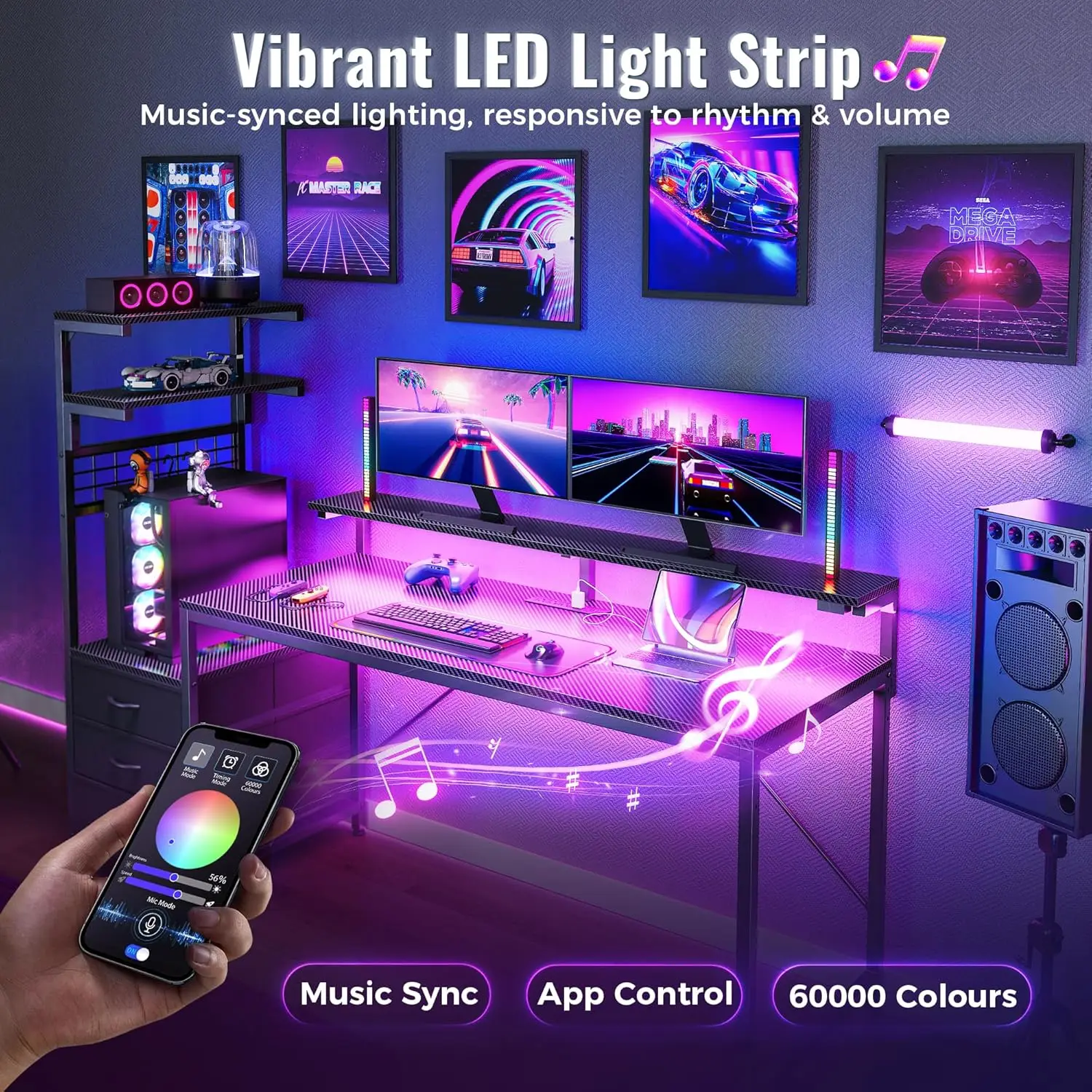 61.7" Gaming Desk with LED Lights, Outlets, Drawers & Adjustable Stand - Carbon Fiber Black