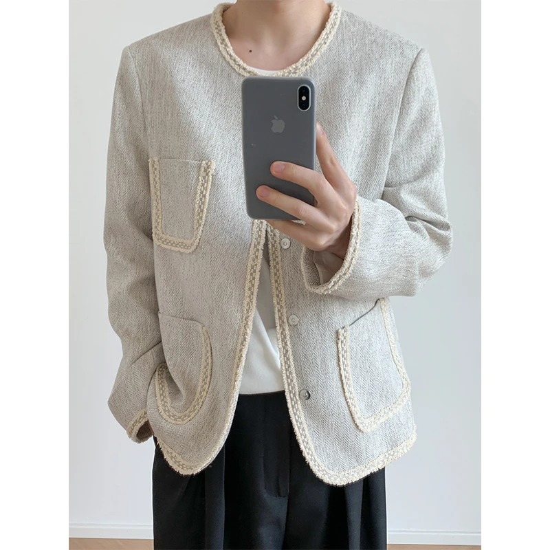 

2023 Tweed Round Neck Suit Coat for Men Jackets Vintage Woven Button Casual Coats Thick Autumn-Winter Trend Clothing Z124