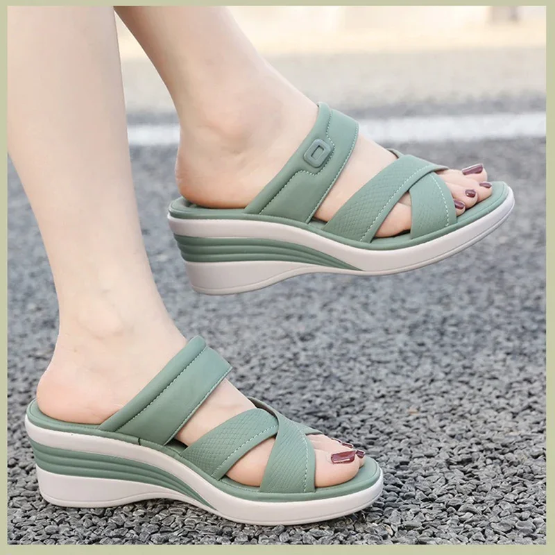 2024 Summer Women 2 Platform 6cm Wedges High Heels Slippers Female Soft Casual Fashion Shoes Lady Green Slip on Outside Slides