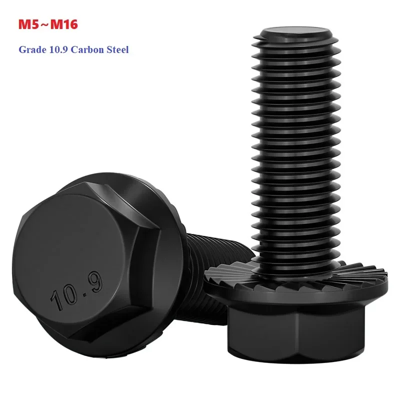 Black Grade 10.9 Carbon Steel Outer Hexagon Head Flange Cap Screws Hexagon Flange Bolt M5 M6 M8 M10 M12 M14 M16