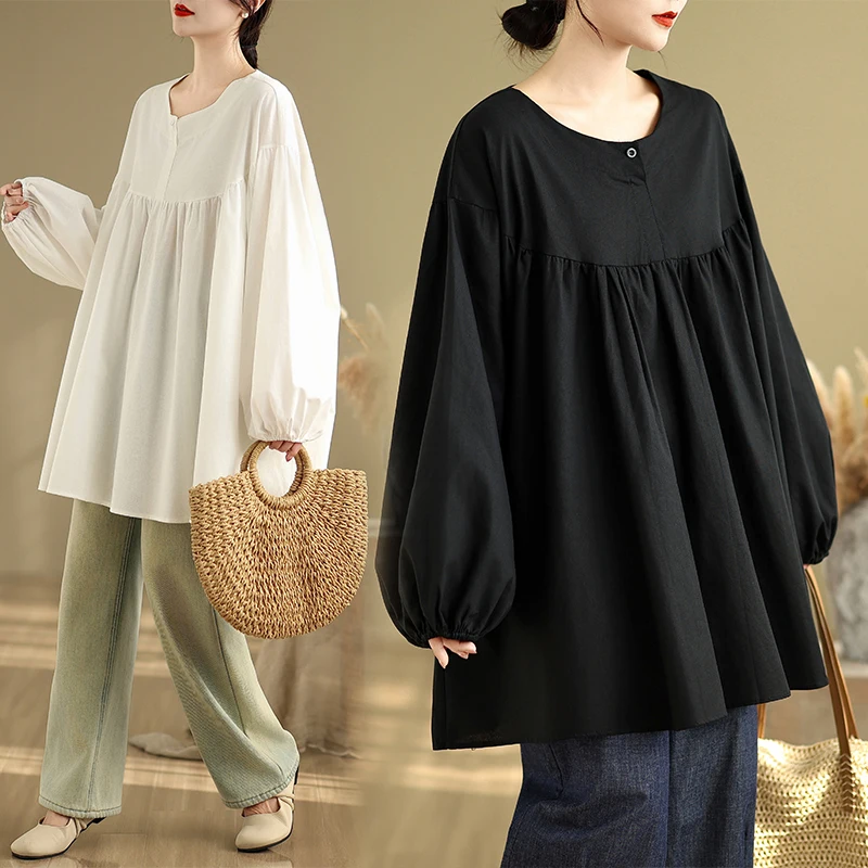 

Свободная женская рубашка, новинка весеннего сезона, однотонная, с пэчворком, в стиле кэжуал, больших размеров, универсальная, стройнящая, из бамбукового хлопка.