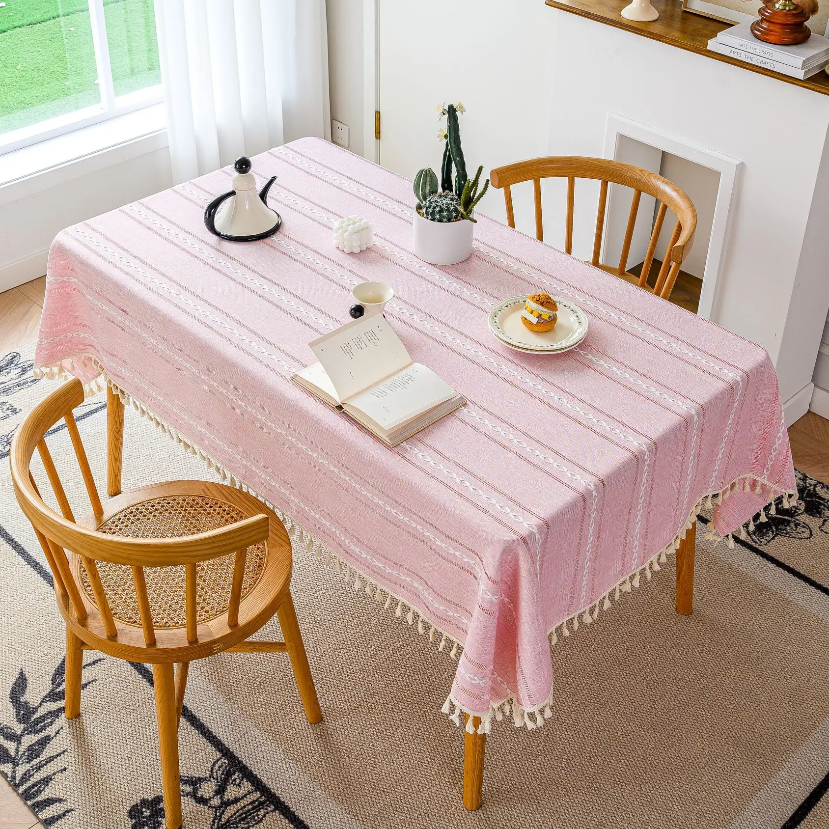 Boho Embroidery Striped Tablecloth, Heavy Weight Farmhouse Cotton Linen Table Cover, Washable Table Cloth for Kitchen Restaurant