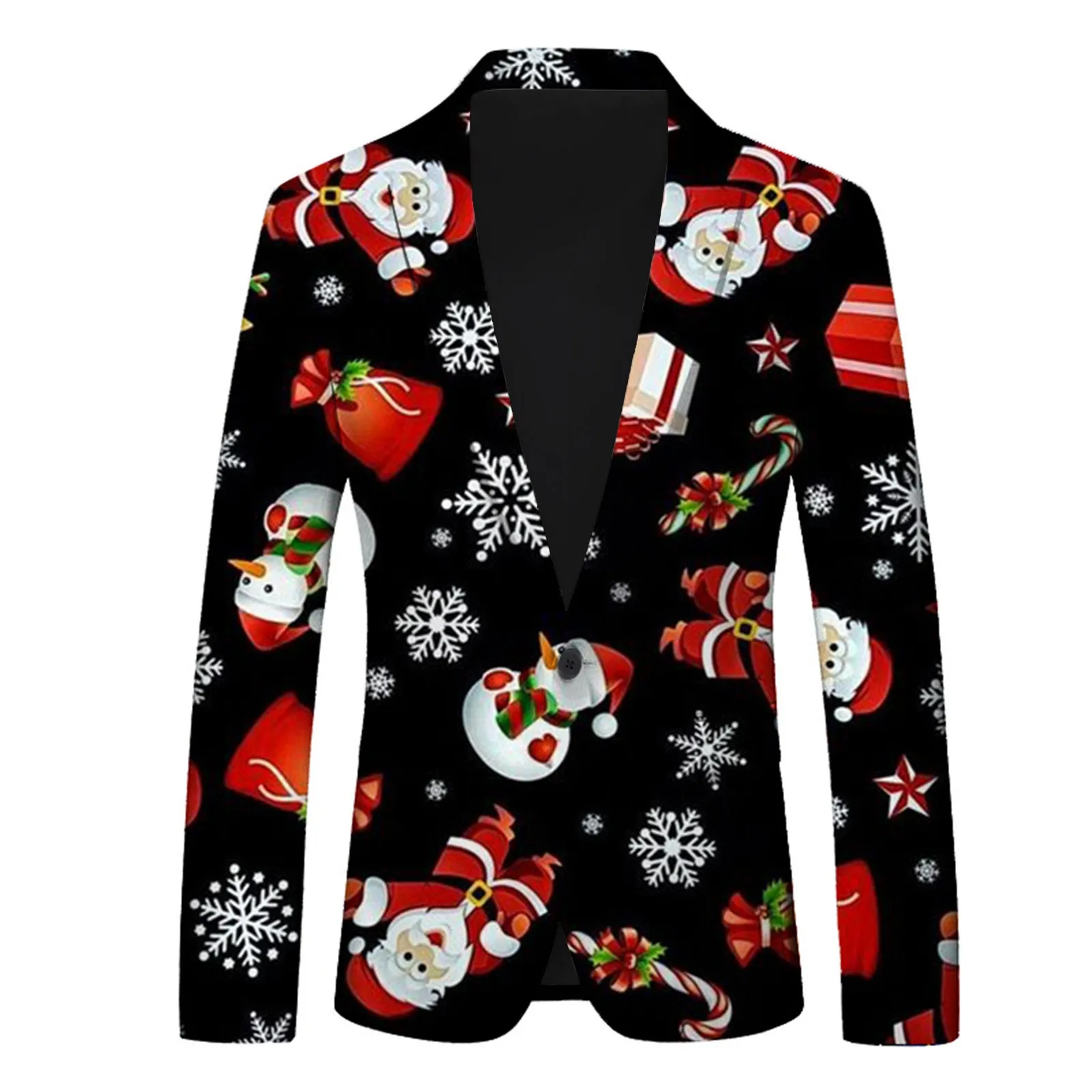 Men's Christmas Snowflake Elk Print Blazer Jackets With Pocket Elegance Slim One Button Laple Suit Coat Plus Size Party Outwears