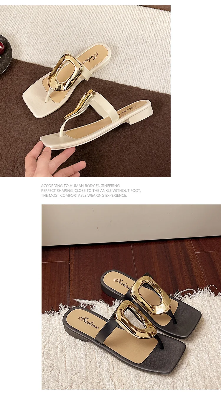 2026 Neue Damen-Flip-Flops mit eckiger offener Zehenpartie, einfarbig, vielseitig, mit Clip-Zehenriemen, flache Sandalen mit Metallschnalle für Damen – Detail 15