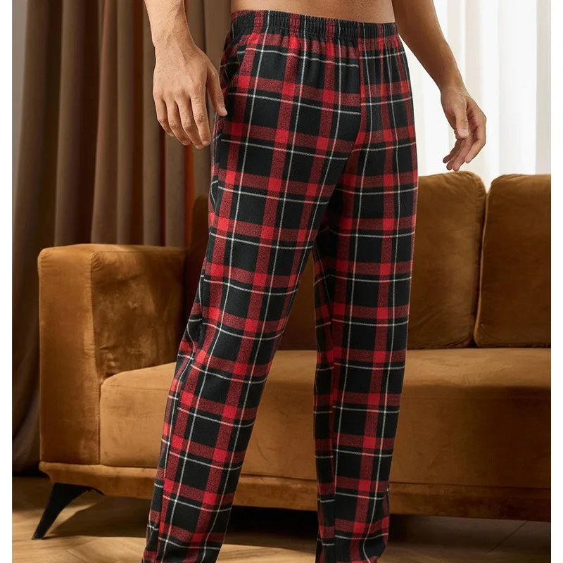 New Men's Plaid Casual Pants Elastic Waistband Loose Plaid Sleep Pants Soft and Comfortable Straight-leg Loungewear Pajamas