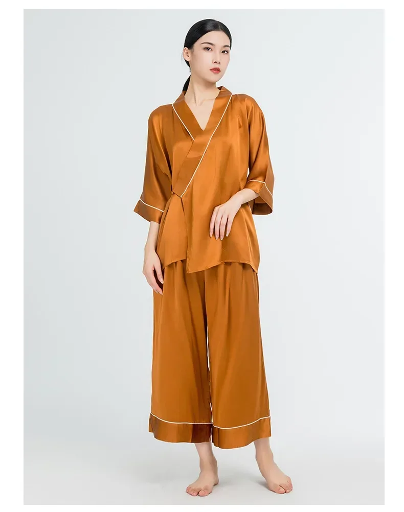 Spring 19MM 100% Mulberry Silk Kimono Pajamas Loose Robe Pajamas V Neck Japanese Pajamas Solid Yellow Sleepwear Two Piece Pyjama