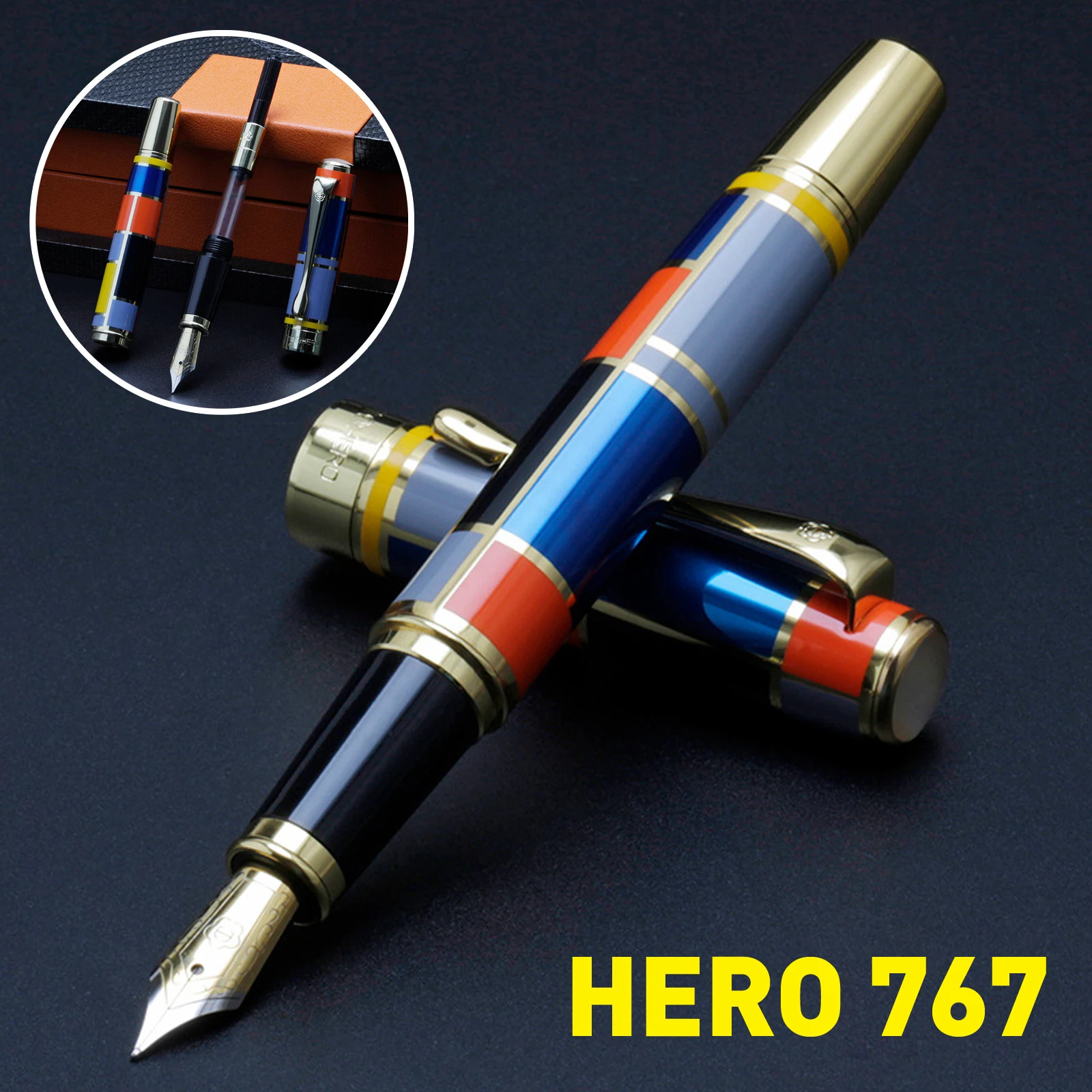 

Hero 767 Metal Fountain Pen Beautiful Colored Ink Pen Iridium Medium Nib 0.7mm Golden Clip for Business Office