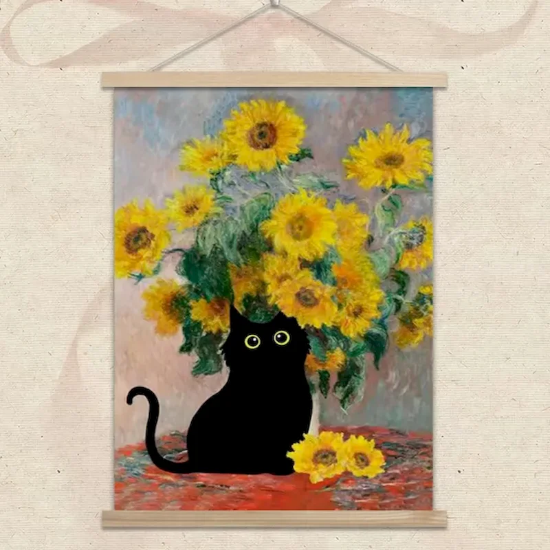 VIKAMA Monet Sunflower Black Cat Tapestry Oil Painting Wall Hanging Aesthetic Living Room Home Decor