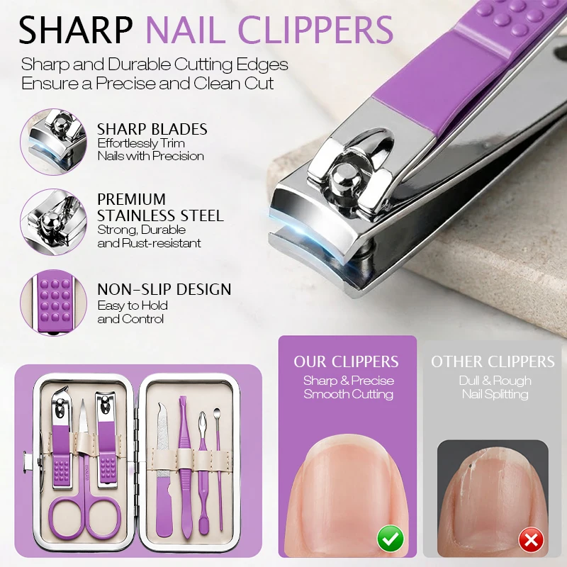 7IN1 Nail Clipper Set Professional Personal Care Tool Finger and Toe Nail Clippers Splatter Proof Include Travel Case for Family