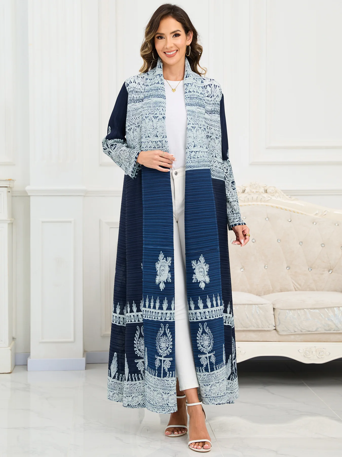 

2025 Muslim Women's Clothing Fashion Pleated Printing Miyake Pleated Loose Coat Long Fashion Long Sleeve Cardigan Summer New