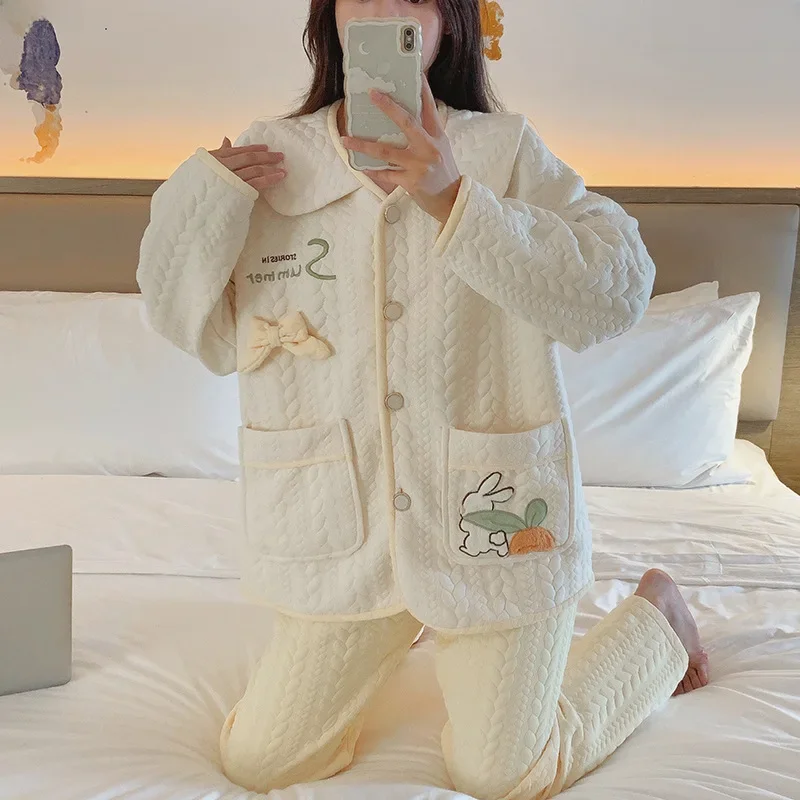 Autumn/winter Sweet Lapel Cardigan Women's Pajama Set Air Cotton Lined Comfortable Homewear For Plus-size Women Up To 200kg