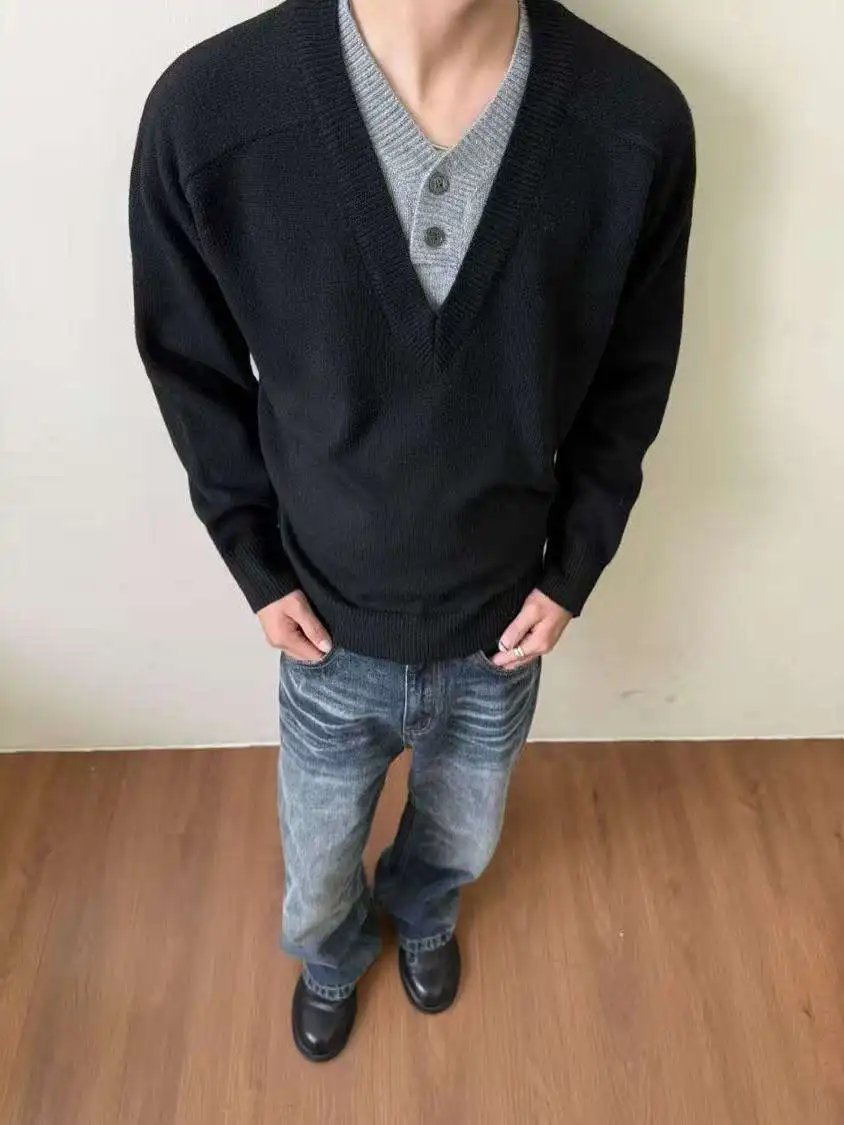 

Трикотажный свитер с глубоким V-образным вырезом для мужчин и женщин, повседневный свободный крой, длинный свеч, осенний дизайн Faion Cleanfit, двухсекционный дизайн, полиэфирное волокно