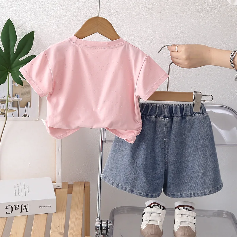 Hot Sale Kids Girls 2pcs Clothing Set Rhinestone T-shirt + Denim Shorts Toddler Baby Girl Summer Outfits Casual Fashion Clothes