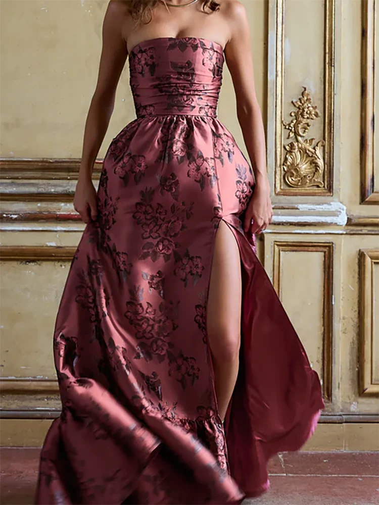 

Elegant Strapless Floral Pattern Pleat A-Line Formal Evening Dresses Birthday Party Prom Gowns Customized