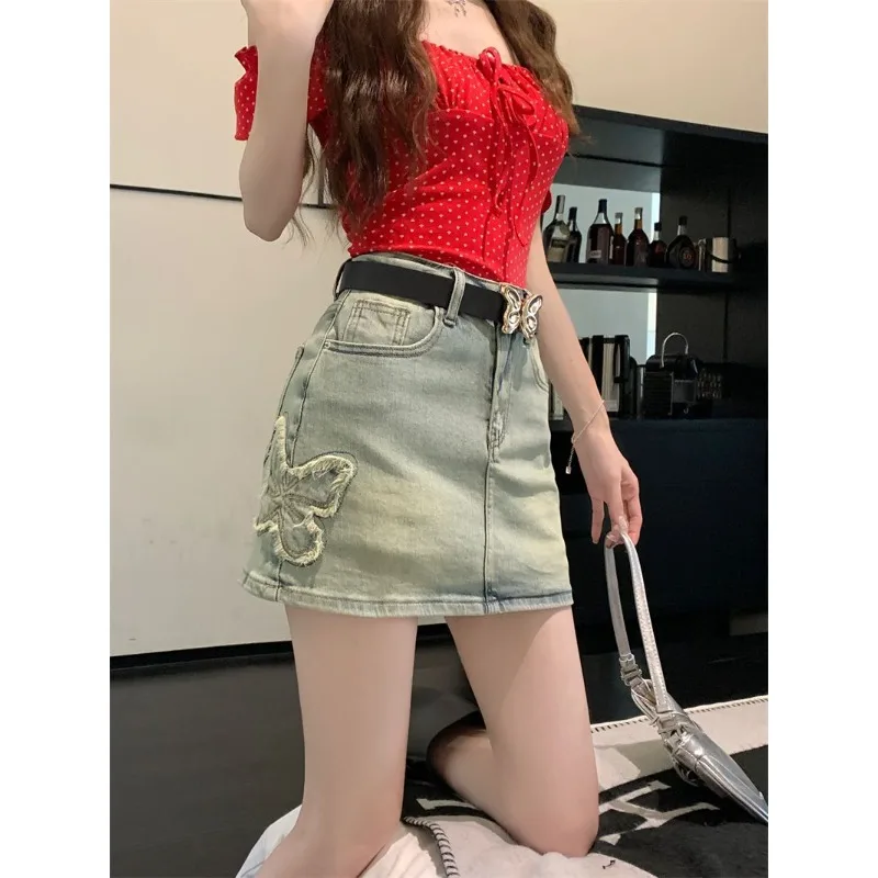 Butterfly Embroidered Spice Girl Denim Skirt Female Summer 2025 New Retro High Waist Slim A-line Slim Skirt