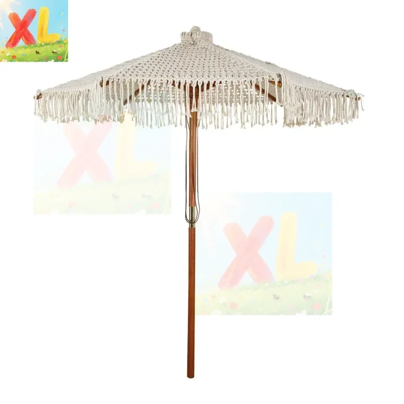 

customSun umbrella Outdoor garden decoration Hollow adjustable wooden skeleton with fringed woven beach courtyard central column