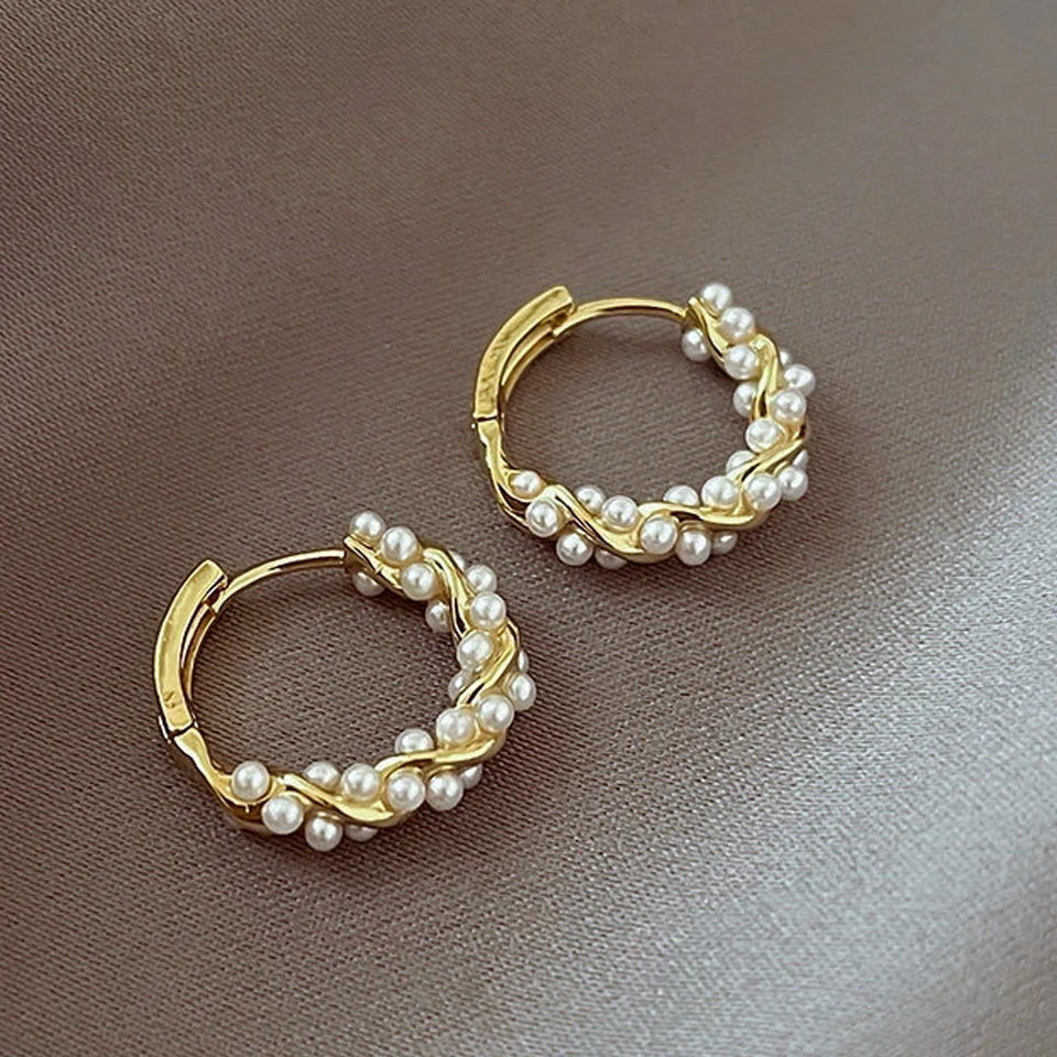 Yupsk French Imitation Pearl Circle Earring Small Round Hoop Earrings For Women Exquisite Texture Earrings Jewelry Girls Gift