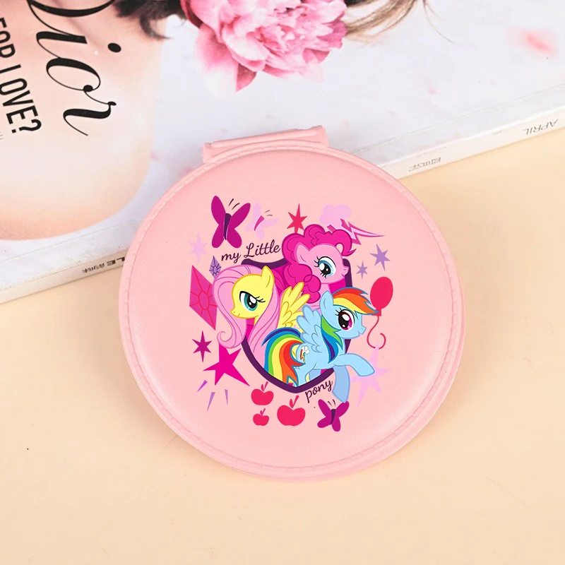 Kawaii My Little Ponys 화장품 돋보기 메이크업 거울 귀여운 애니메이션 라운드 포켓 컴팩트 메이크업 룩 유리 키 체인 포함 New