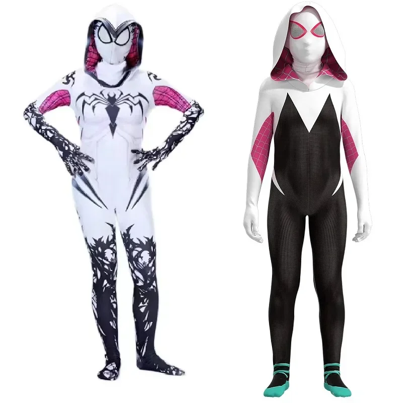 เด็ก 3D Spiderman Gwen เครื่องแต่งกาย Gwen Dolyn Maxine Stacy Zentai สูท Jumpsuit เครื่องแต่งกาย Spiderman คอสเพลย์ฮาโลวีนเครื่องแต่งกายสําหรับสาว