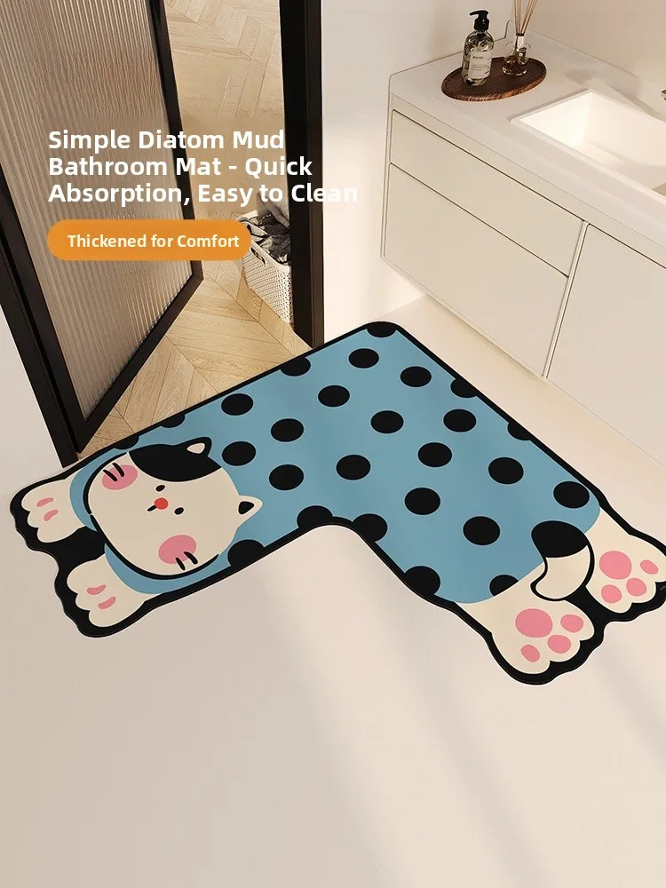 

90cmx90cm Bathroom L-Shaped Cartoon Diatom Mud Water Absorbent Non-Slip Carpet Home Toilet Entrance Dirt Resistant Foot Mat