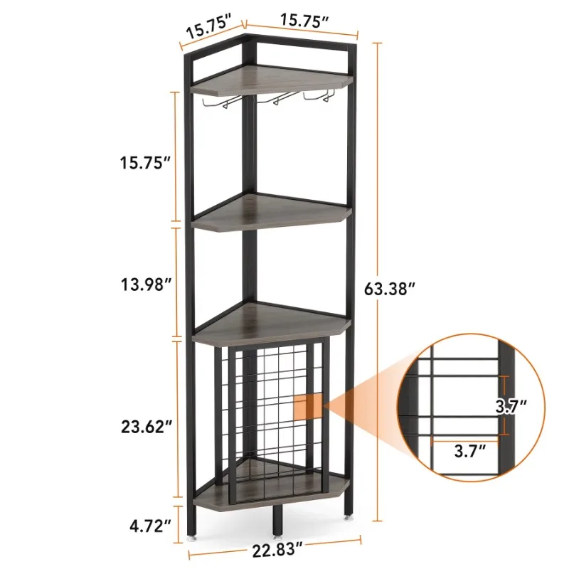 

Glass Holder and Storage Shelves Industrial 4 Tier Corner Bar Freestanding Floor Corner Wooden Metal Wine Rack