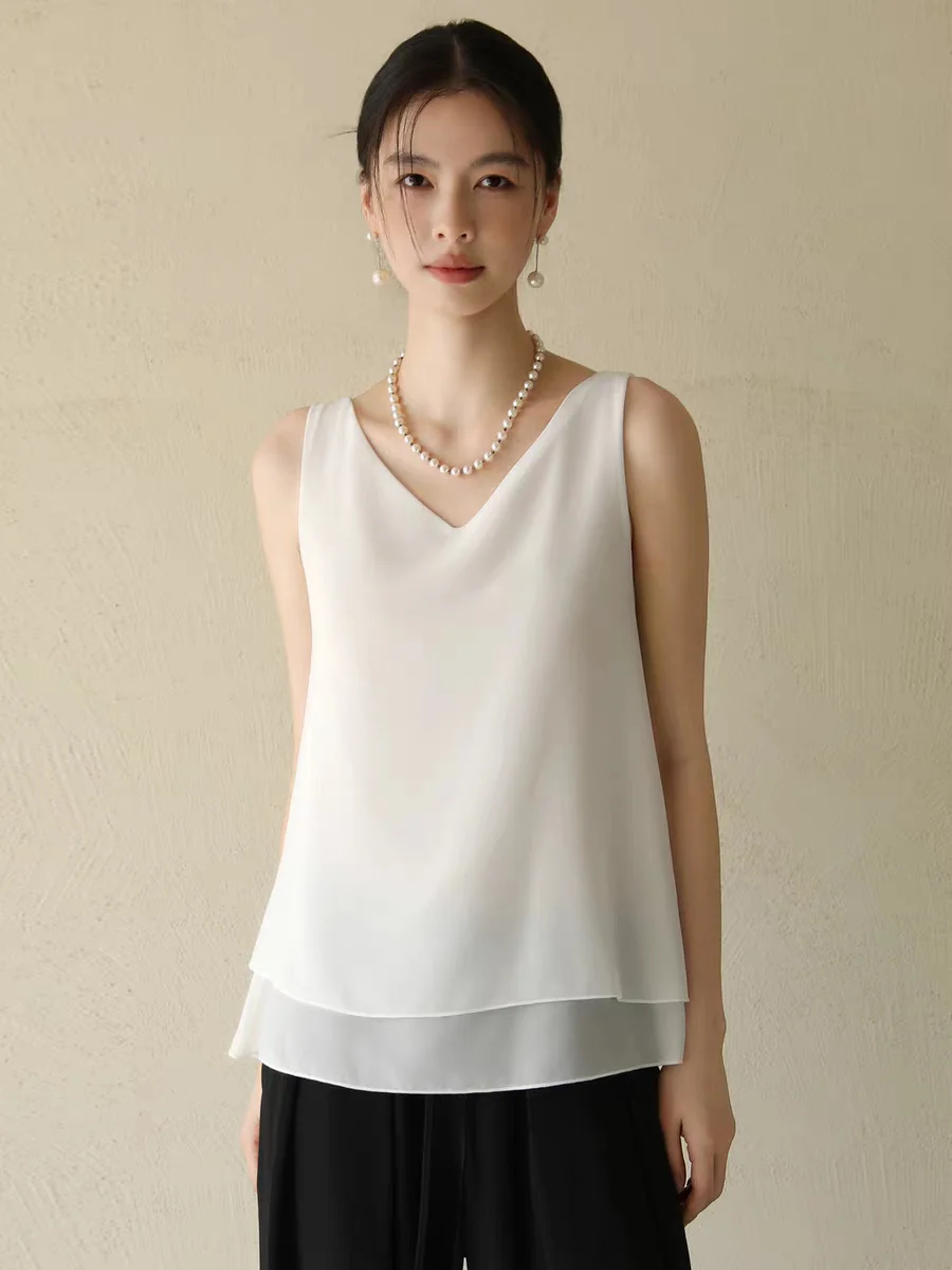 Blusa Feminina de Verão em Chiffon com Decote Halter, Sem Mangas, Decote em V, Solta, Sexy, Estilo Coreano OL, Camisa Feminina