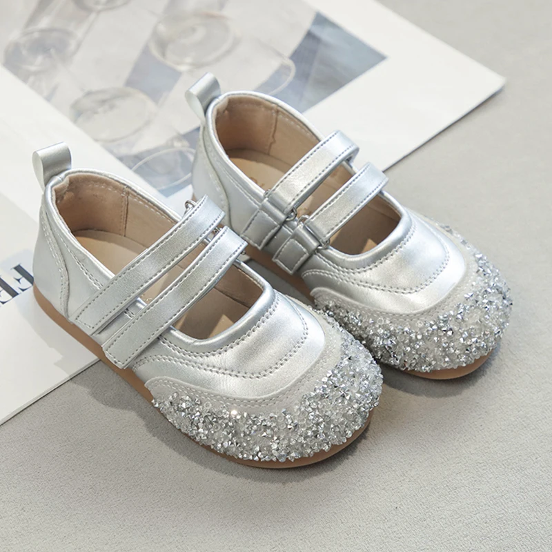 Sweet Girls Leather Shoes with Sequins Anti Slip Soft Sole Round Toe 2024 Spring Autumn Outdoor PU Silver Casual Leather Shoes