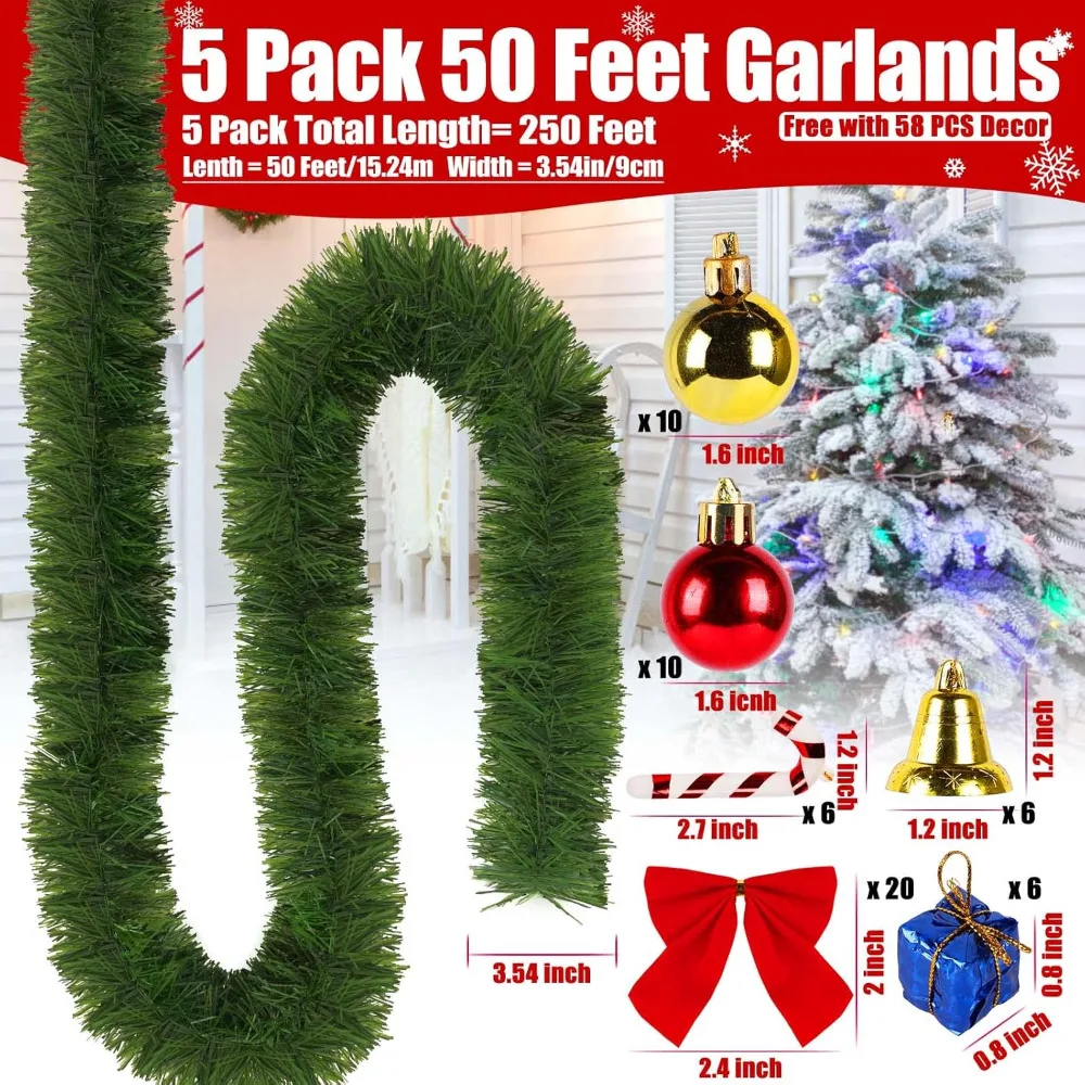 Christmas Decoration 5 Pack 250FT Garland ForDecoration, Non-Lit Soft Greenery Holiday Decor for Outdoor Christmas Decorations