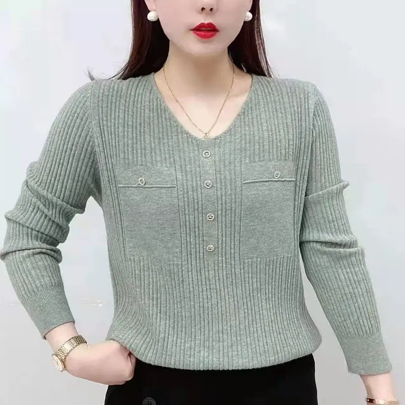 Autumn Fashion Long Sleeve Solid Color Casual Button Shirts 2022 Spring New Loose Women Clothing Commute V Neck Knitting Blouses